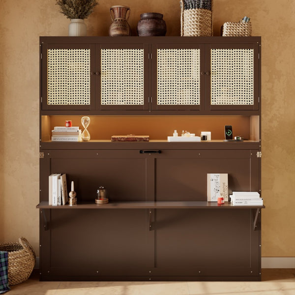 English Elm Twin Murphy Bed with Rattan Cabinet Doors Led Lighting and Usb Charging for Small Spaces Espresso LP000740AAP