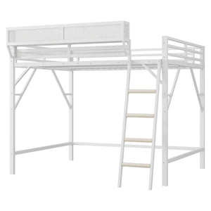 English Elm Queen Size Metal Loft Bed with Ladder and Built-In Storage Shelves, Sturdy High Bed for Teens 99" White W2580P379980