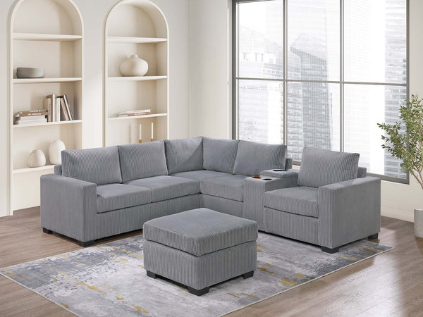 English Elm Modern Fur-Like Corduroy Sectional Sofa Set with USB Console, Ottoman & Plush Pillows for 5 Guests Light Gray 12 L x 23 W x 33 H B011S01751
