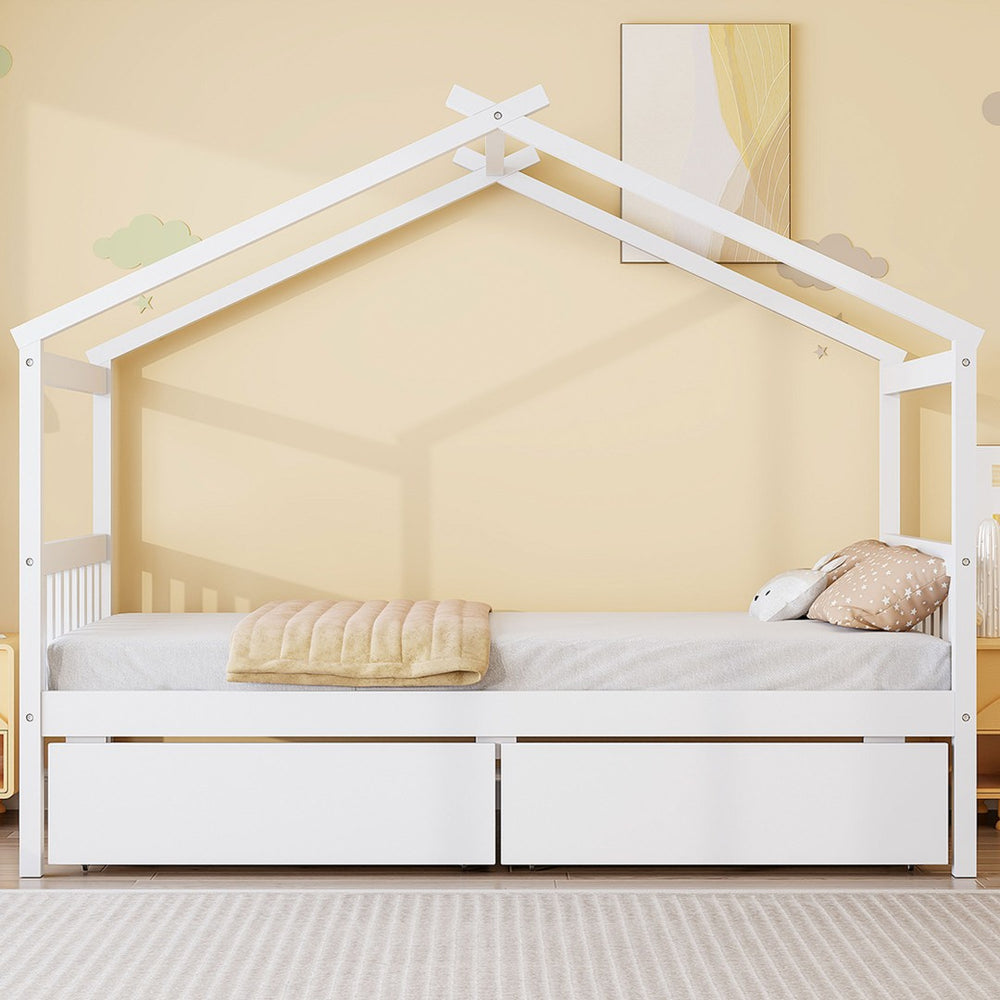 English Elm Twin House Bed Solid Pine Kids Cottage Frame with Storage Drawers Imaginative Room N708P309245K