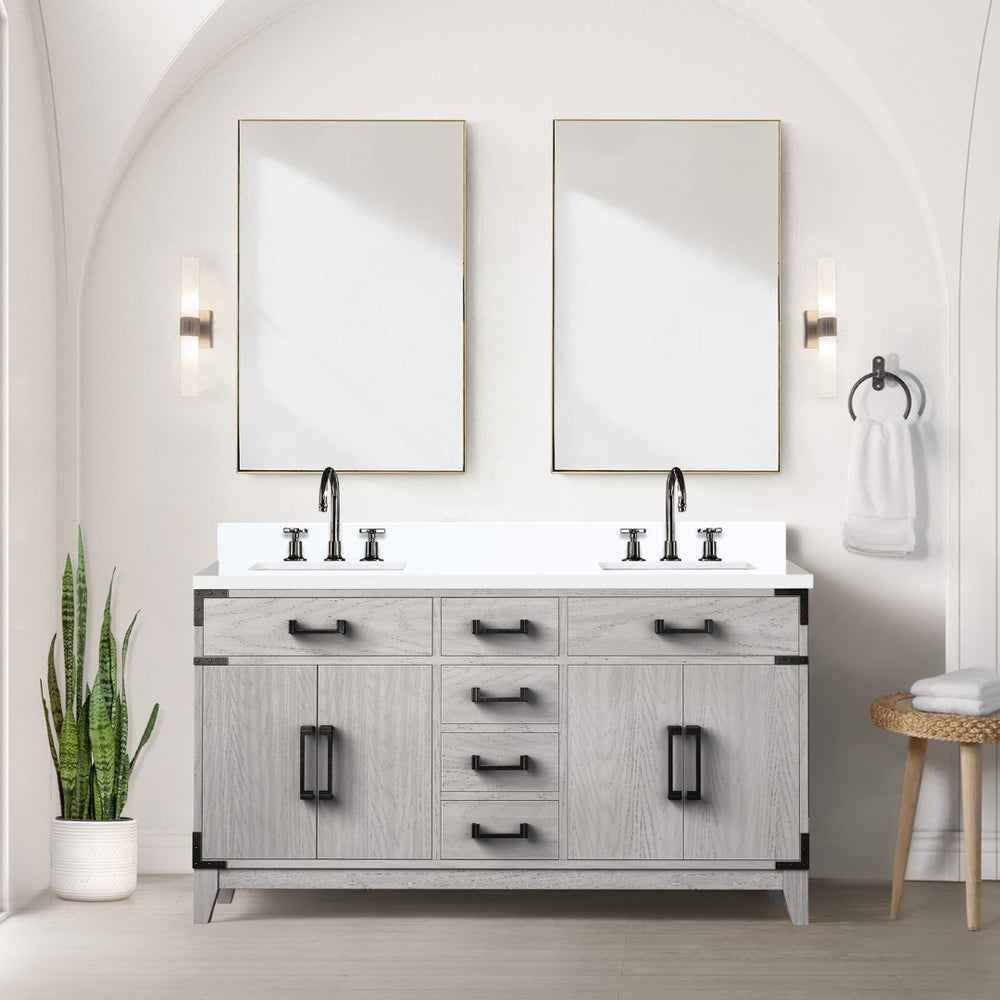English Elm White Oak Double Bath Vanity With White Quartz Top And 28" Mirrors – Stylish Storage Solution! B2731S01599-GIGA