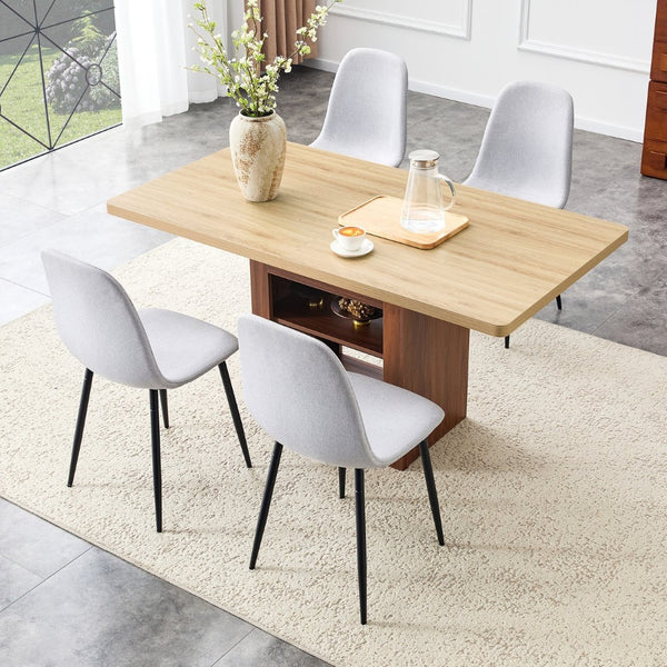 English Elm Scalable Extension Dining Set Linen Upholstered Chairs Wood Grain Table Modern Luxe W1151S04675