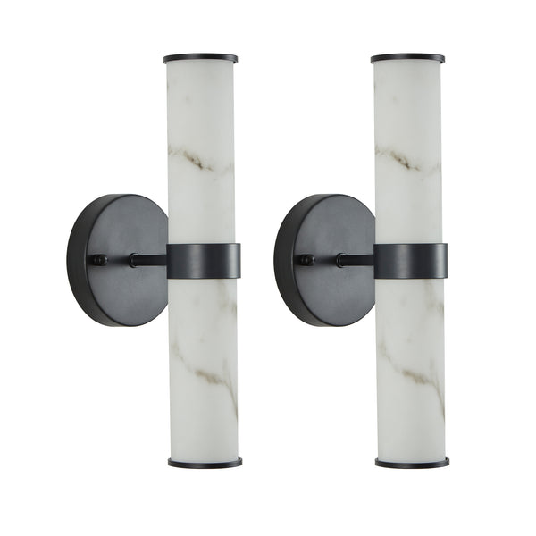 English Elm Resin Imitation Marble Wall Sconces Set of 2 with Black Iron Frame, Cylindrical Ambient Lighting W2312P374968