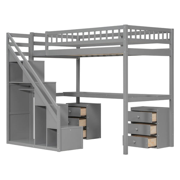 English Elm Twin Loft Bed with Staircase Desk Dual Drawers and Led Strip for Kids Rooms Gray LT000257AAE-1