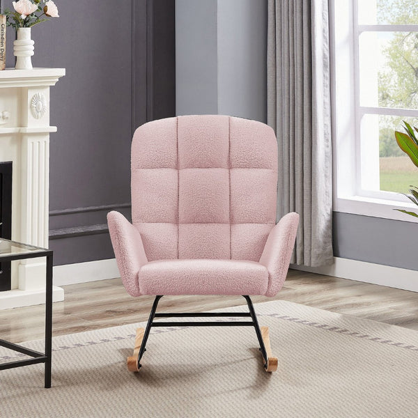 English Elm Cream Plush Teddy Fabric Rocking Armchair with High Back Support for Nursery Pink W3985P404155