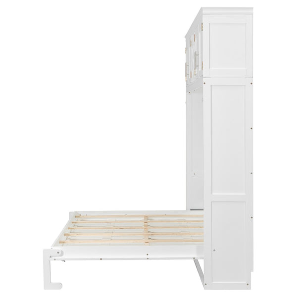 English Elm Queen Murphy Wall Bed with Storage Cabinets and Wine Rack for Small Space Living White LP000879AAK-1