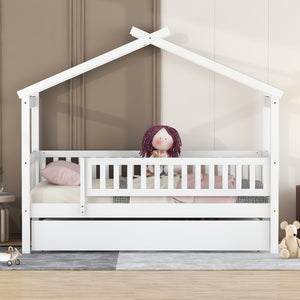 English Elm Twin House Bed with Trundle Solid Pine Frame Walnut Kids Bedroom Sleepover N708P357115K