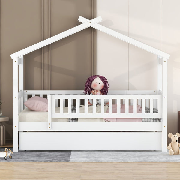 English Elm Twin House Bed with Trundle Solid Pine Frame Walnut Kids Bedroom Sleepover N708P357115K