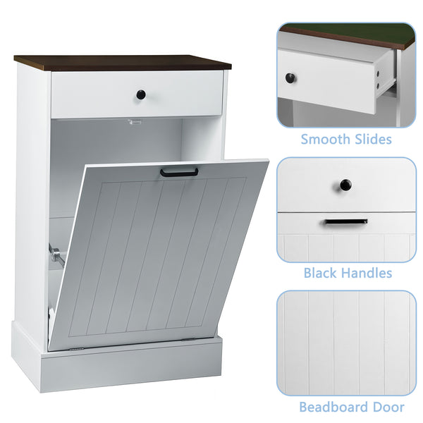 English Elm Tilt Out Trash Can Cabinet 10 Gal Hidden Tilt Design with 2 Drawers Farmhouse MDF Organizer White W3204P364054