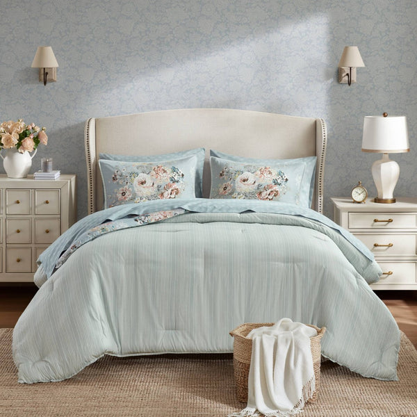 English Elm 7-piece King Bedding Set Soft Watercolor Floral Reversible Comforter for a Relaxing Retreat B035P408247