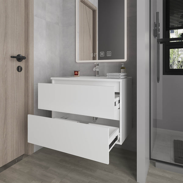English Elm White Floating Vanity Wall-Mounted with Two Deep Drawers and Integrated Sink — Bright Sleek Modern Storage B062P355537