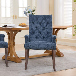 English Elm Upholstered Chenille Club Dining Chair Tufted High Back with Curved Solid Wood Legs Blue W1143P449346