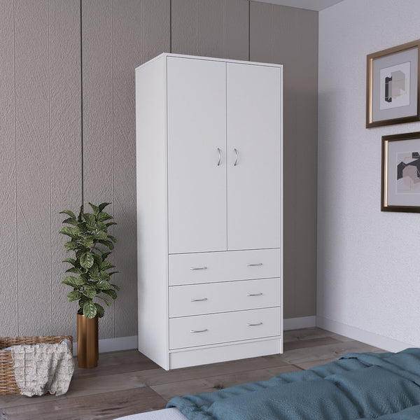 English Elm Armoire Melfa 71" H with 2 doors, 3 drawers and hanging rod for organized, elegant bedroom storage White 35 L x 24 W x 6 H B097S00120