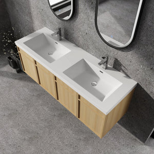 English Elm 60" 60" Wall-Mounted Bathroom Vanity with Double Resin Sink, 4 Soft-Closing Doors, Oak Finish W1972P315223