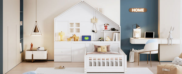 English Elm Twin House Bed Frame with Drawers Shelves and Usb Charging for Kids Bedroom LT000422AAK-1