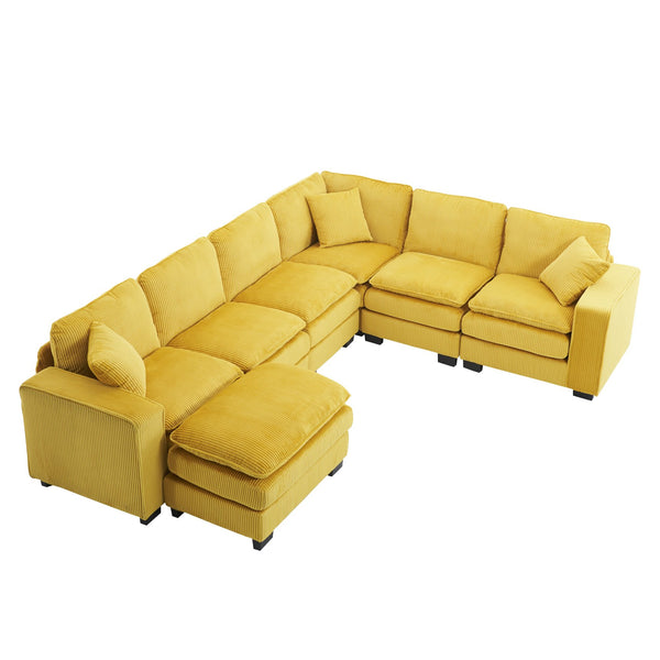 English Elm Modern U Shaped 6-Seat Sectional Sofa with Ottoman and 3 Toss Pillows, Corduroy Modular Comfort and Durable Frame Yellow W2363S00040