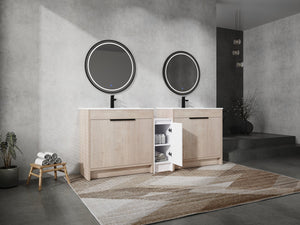 English Elm 84 Inch Freestanding Bathroom Vanity with Integrated Resin Sink, Soft-Close Doors, Shelves & Extra Storage Space Glossy White,Plain Light Oak W999S00320