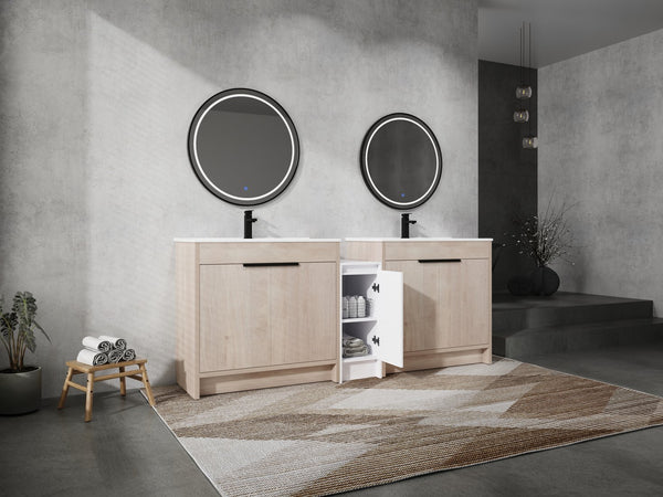 English Elm 84 Inch Freestanding Bathroom Vanity with Integrated Resin Sink, Soft-Close Doors, Shelves & Extra Storage Space Glossy White,Plain Light Oak W999S00320