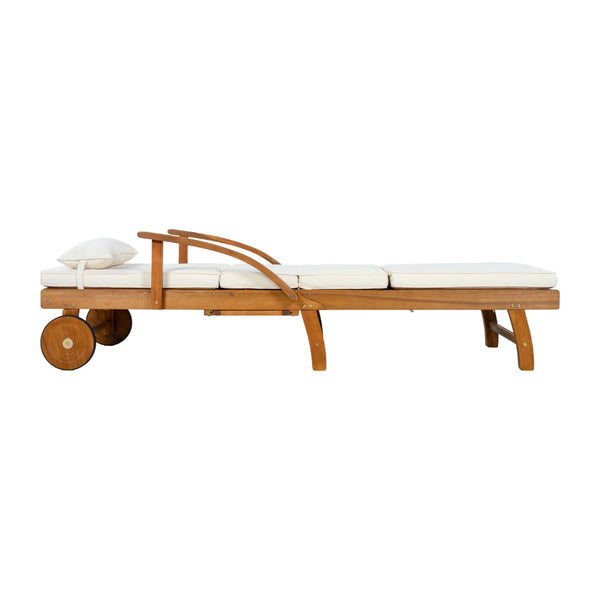 English Elm U_style Acacia Wood Outdoor Chaise Lounger with Reclining Backrest Cushions and Side Tray Beige N711P415859A