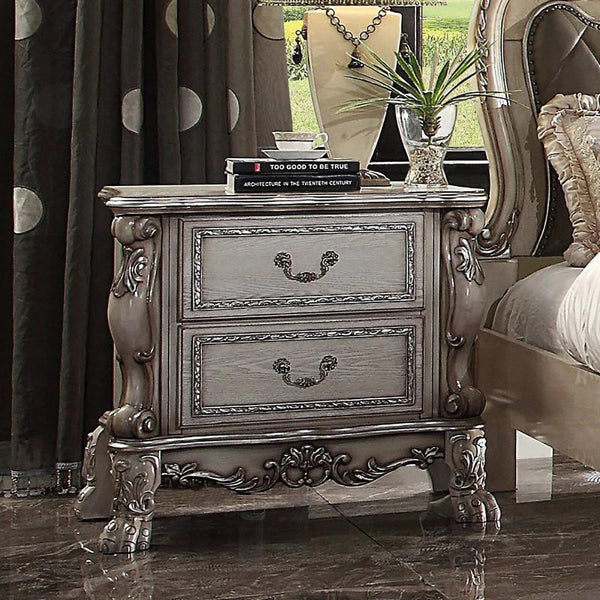 English Elm Solid Rococo Nightstand in Vintage Bone White Finish with 2 Spacious Drawers, Hand-Burnished Ornamental Inlay B016P256472
