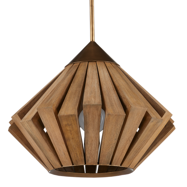Plunge Pendant Light - Mid-Century Modern Wooden Shade with Brass Finish, Adjustable Height Design