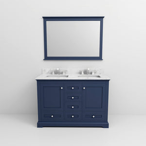 English Elm Navy Double Bath Vanity 48" W x 22" D with Carrara Marble Top, Chrome Faucet, 46" Mirror, Durable Surface B2731S00977