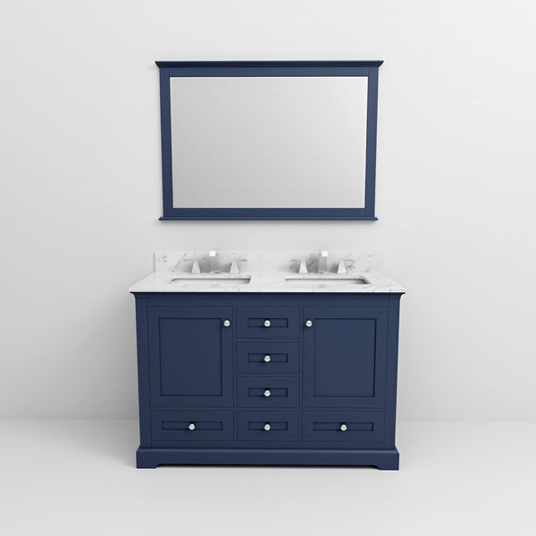 English Elm Navy Double Bath Vanity 48" W x 22" D with Carrara Marble Top, Chrome Faucet, 46" Mirror, Durable Surface B2731S00977