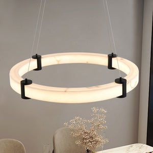 English Elm Modern 24-Inch LED Pendant Light — Imitation Marble Resin Ring Chandelier, Adjustable Height, 3000K Warm W1340P232980