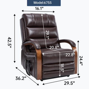 English Elm Power Lift Recliner with Dual Motor Heat Massage Wood Armrests Brown Leatheraire W1803S00080