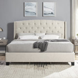 English Elm Nantarre Fabric Button Tufted Wingback Upholstered Bed With Nail Head Trim, Beige