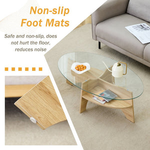 English Elm Oval Tempered Glass Coffee Table with Wood Grain Legs and Built-in Fan Tray Shelf W1151P256007