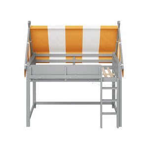 English Elm Twin Solid Wood Loft Bed with Led Lights Canopy Bookshelf for Kids Bedroom Gray N7090002241E