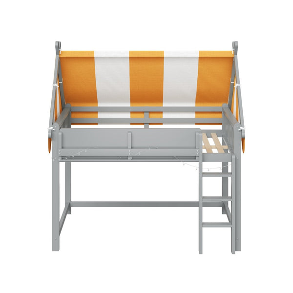 English Elm Twin Solid Wood Loft Bed with Led Lights Canopy Bookshelf for Kids Bedroom Gray N7090002241E
