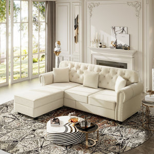 English Elm 82.6"upholstered Velvet Chesterfield Sofa with Button Tufting Nailhead Trim Rolled Arms Beige+White W1885S00370