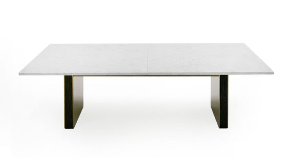 VIG Furniture Auer White Marble Dining Table With Gold Double Pedestal Base — Rectangular 102" Luxe Centerpiece VGGM-DT-VALDERA-DT
