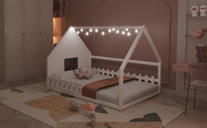 English Elm Full House Bed Frame with Window & Fence Playhouse Design, Sturdy Pine/MDF, Safe 400lb Capacity White N709P215545K