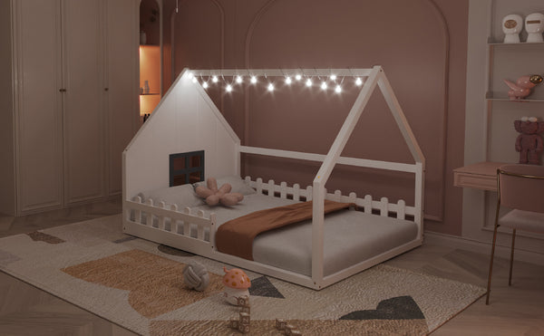 English Elm Full House Bed Frame with Window & Fence Playhouse Design, Sturdy Pine/MDF, Safe 400lb Capacity White N709P215545K