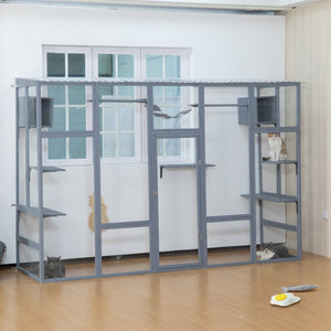 English Elm Wooden Pine Cat Enclosure with Six Platforms Two Condos Bridge and Scratching Post W2181P198549
