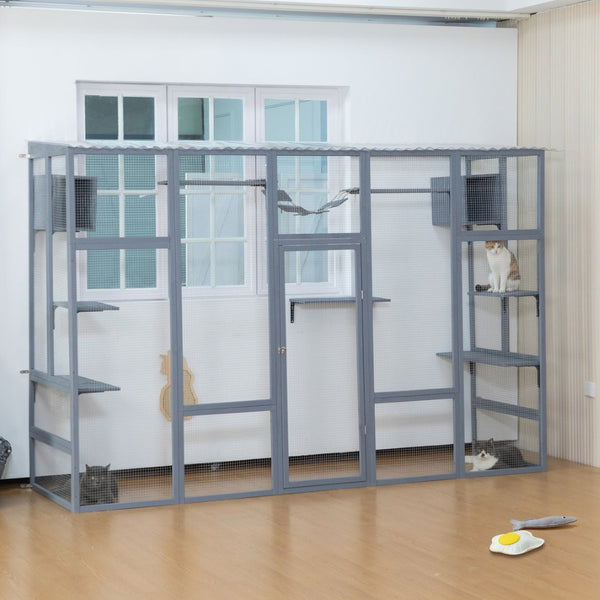 English Elm Wooden Pine Cat Enclosure with Six Platforms Two Condos Bridge and Scratching Post W2181P198549