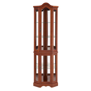 English Elm Corner Curio Display Cabinet with Mirrored Back, Interior Lighting, Adjustable Glass Shelves, Elegant Finish Walnut W1693P171662