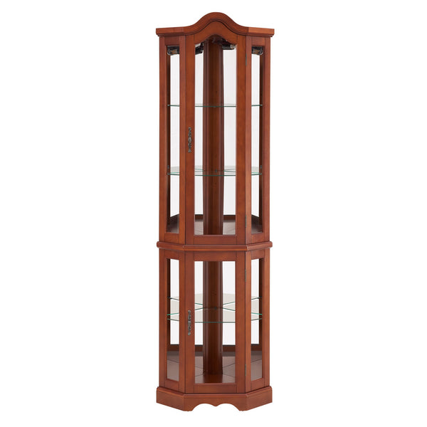 English Elm Corner Curio Display Cabinet with Mirrored Back, Interior Lighting, Adjustable Glass Shelves, Elegant Finish Walnut W1693P171662