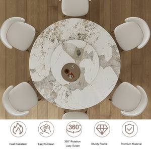 English Elm 59-Inch Modern Sintered Stone Dining Table Set With Turntable & 6 Chairs – Stylish & Durable Design! W509S00134