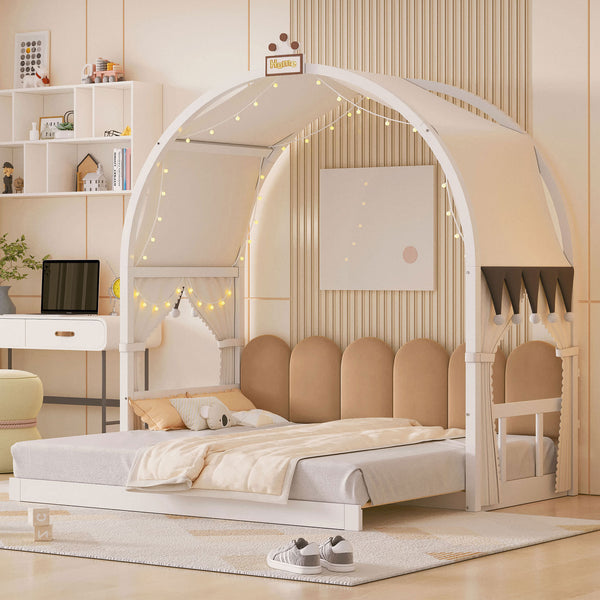 English Elm Twin Pinewood Ground-Level Canopy Bed with Arched Roof and Trundle for Kids—Whimsical, Sturdy Design White N820P181648K