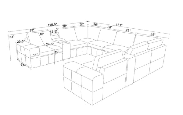 English Elm Premium Leather Match Sectional with Dual Recliners Square Arms and Console Storage Olive Green B2748S00148