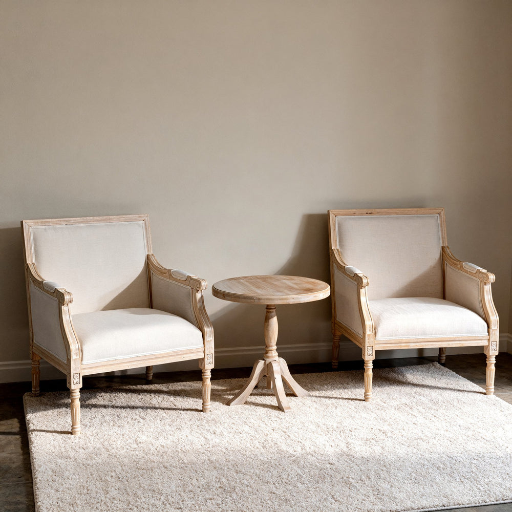 English Elm French Accent Chair Solid Wood Frame with Beige Linen Cushion Distressed Finish for Cozy Style W3426P385581
