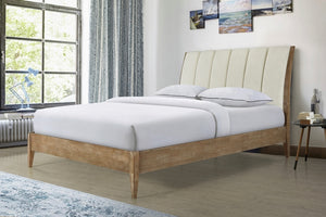 English Elm 1pc Modern Upholstered Queen Bed with Hickory Veneer, Touch LED Headboard, Plush Contemporary Design Beige 61 L x 30 W x 6.5 H B011S01863