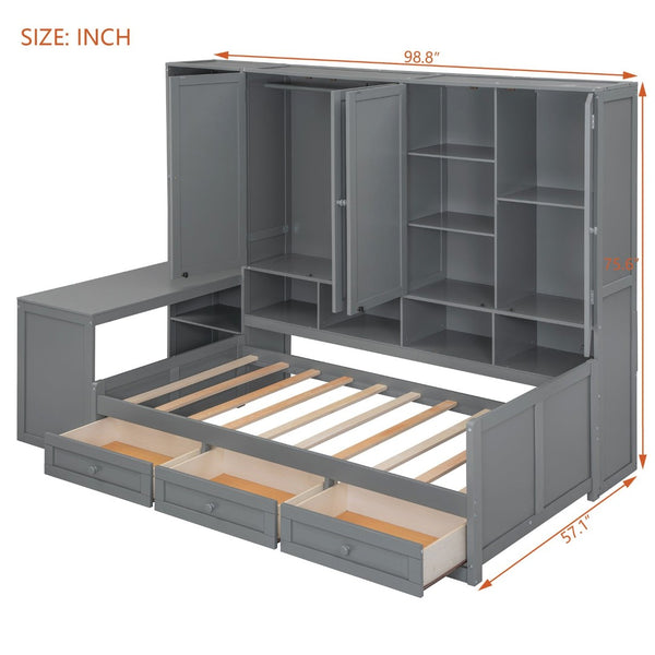 English Elm Twin Size Wooden Daybed With Integrated Desk, Storage Drawers, And Shelves - Stylish Gray Design! N820S00054E-GIGA