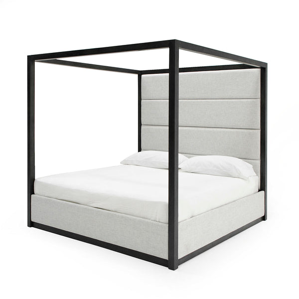 Modrest Manhattan - Stylish Grey Canopy Bed with High Headboard & White Fabric, No Box Spring Needed