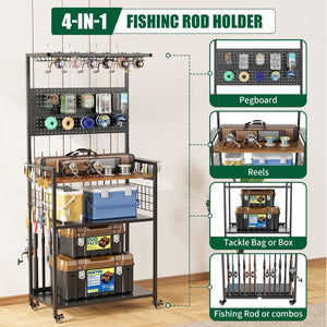 English Elm Fishing Rod Rack Rolling Organizer with Pegboard Multi-tier Metal Stand Lockable Wheels W3190P404246
