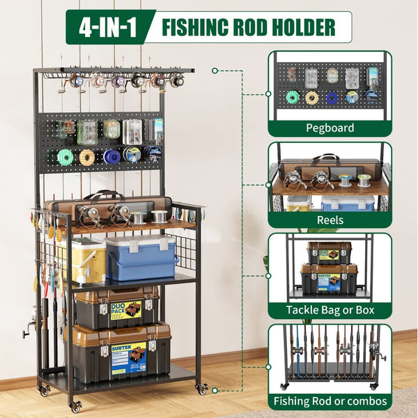 English Elm Fishing Rod Rack Rolling Organizer with Pegboard Multi-tier Metal Stand Lockable Wheels W3190P404246